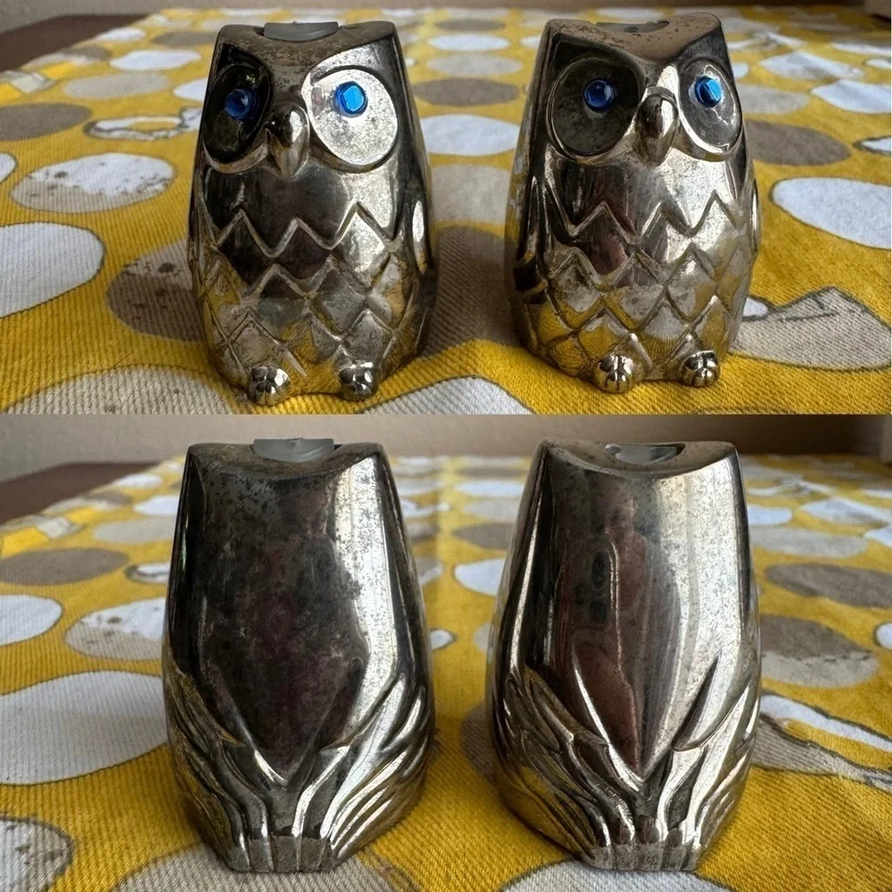Vintage pewter owl with blue rhinestone eye salt and pepper shaker set